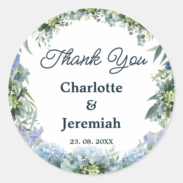 Rustic Blue Floral Wreath Greenery Wedding Classic Round Sticker (Front)