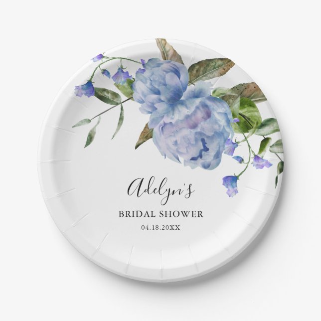 Rustic Blue Flower Greenery Bridal Shower Paper Plates (Front)