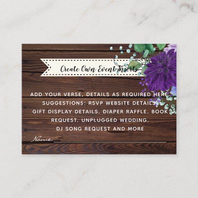 Rustic Blue Flower Wedding Details Cards - Insert (Front)