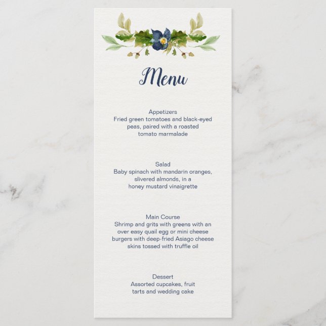 Rustic Blue Flowers Acorns Oak Leaves Wedding | Menu (Front)