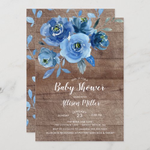 Rustic Blue Flowers Baby Shower Invitation
