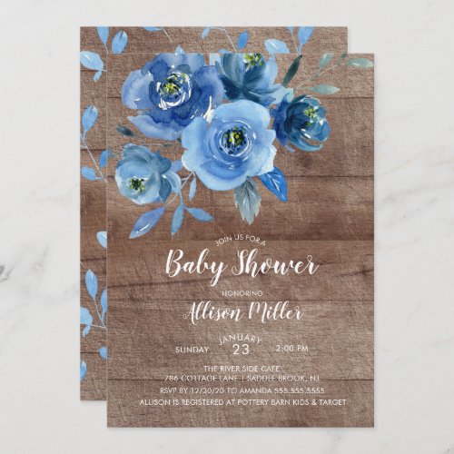 Rustic Blue Flowers Baby Shower Invitation - Beautiful rustic wood watercolor indigo navy blue flowers baby shower design with a coordinating leaf back for an extra special touch.