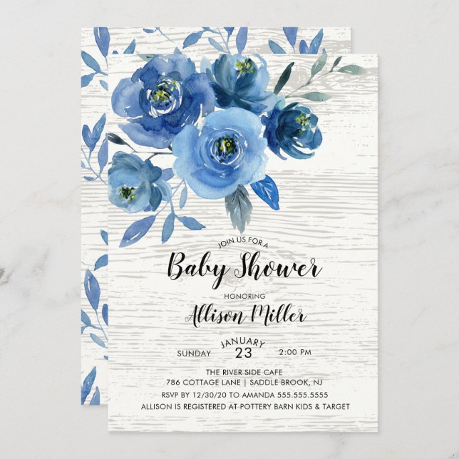 Rustic Blue Flowers Baby Shower Invitation (Front/Back)