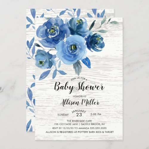 Rustic Blue Flowers Baby Shower Invitation - Beautiful rustic white wood watercolor indigo navy blue flowers baby shower design with a coordinating leaf back for an extra special touch.