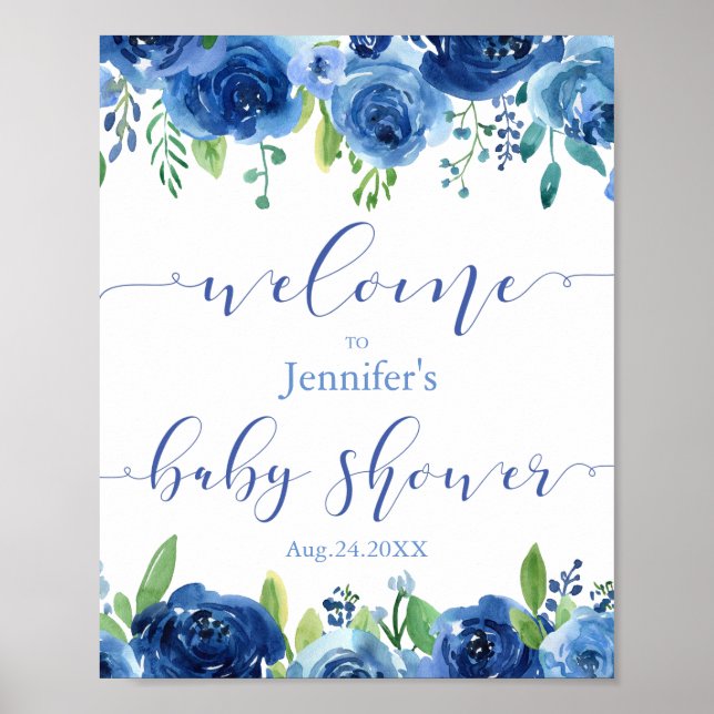 Rustic Blue Flowers Baby Shower Welcome Poster (Front)