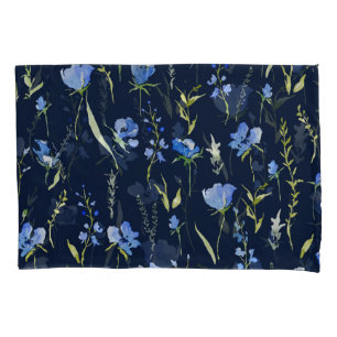 Rustic Blue Flowers: Botanical Illustration. Pillow Case