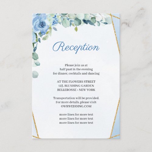 Rustic BLue Flowers Gold Frame Wedding Reception Enclosure Card