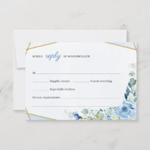 Rustic BLue Flowers Gold Geometric Frame Wedding RSVP Card