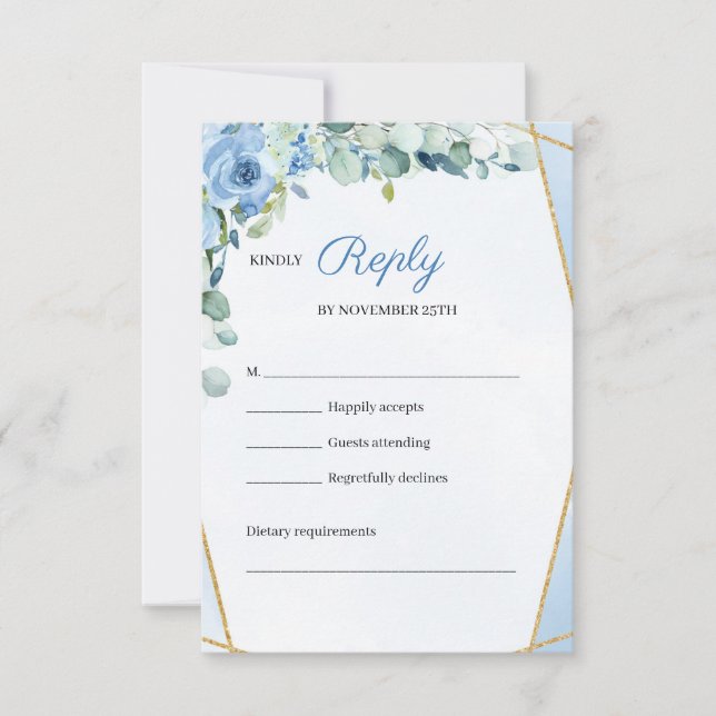 Rustic BLue Flowers Gold Geometric Frame Wedding RSVP Card (Front)