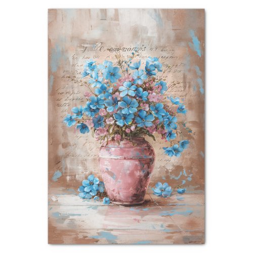 Rustic Blue Flowers Pink Vase Shabby Decoupage Tissue Paper