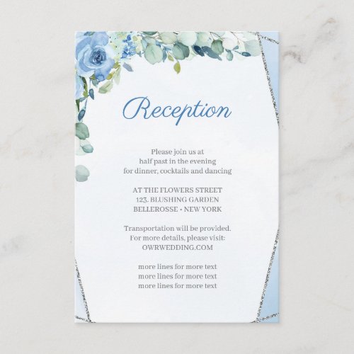 Rustic BLue Flowers Silver Frame Wedding Reception Enclosure Card
