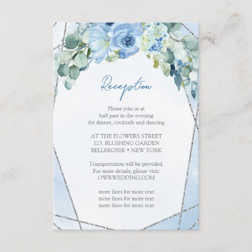 Rustic Blue Flowers Silver Frame Wedding Reception Enclosure Card