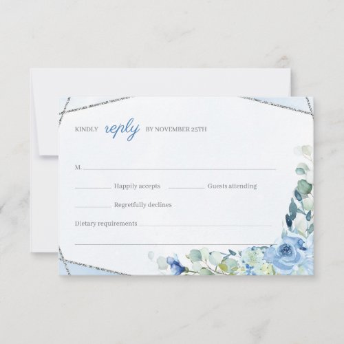 Rustic BLue Flowers Silver Geometric Frame Wedding RSVP Card
