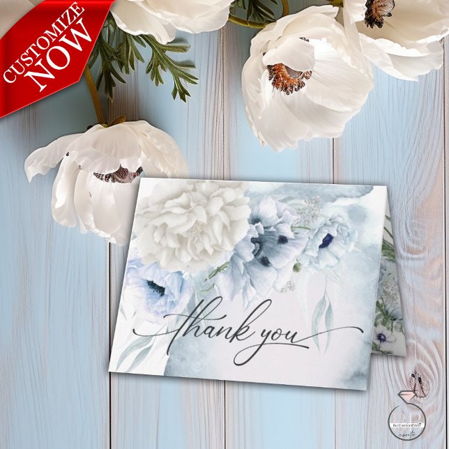 Rustic Blue Flowers White Dahlia Garden Thank You (Easy to customize with your details - part of a coordinated wedding suite )