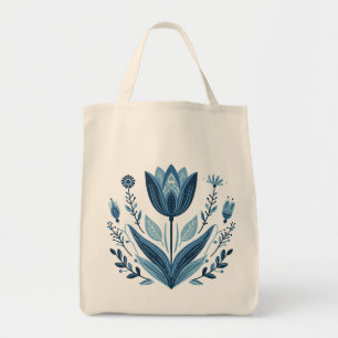 Rustic Blue Folk Art Tulip Botanical Grocery Tote Bag