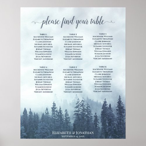 Rustic Blue Forest 6 Table Wedding Seating Chart