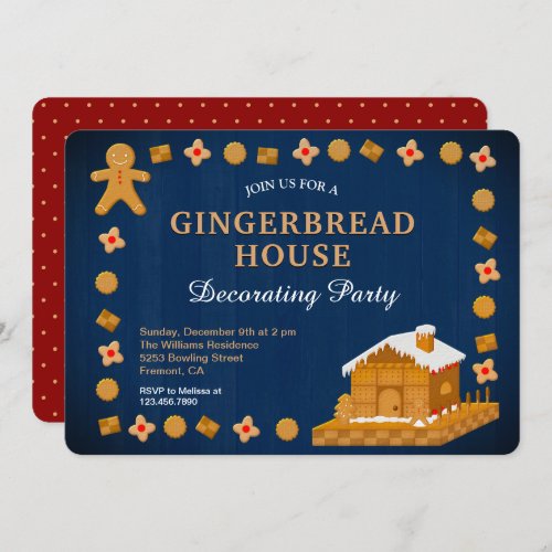 Rustic Blue Gingerbread House Decorating Party Invitation