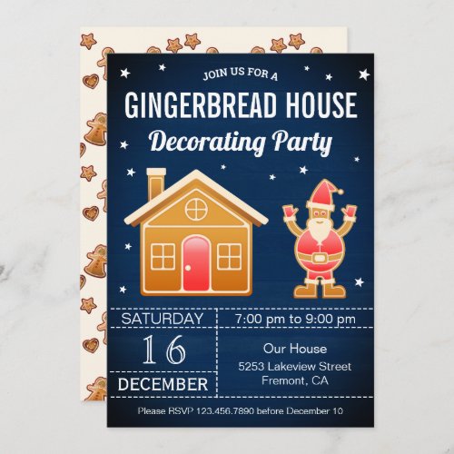 Rustic Blue Gingerbread House Decorating Party Invitation