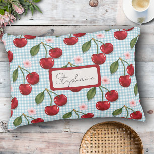 Rustic Blue Gingham And Cherries Monogram Accent Pillow