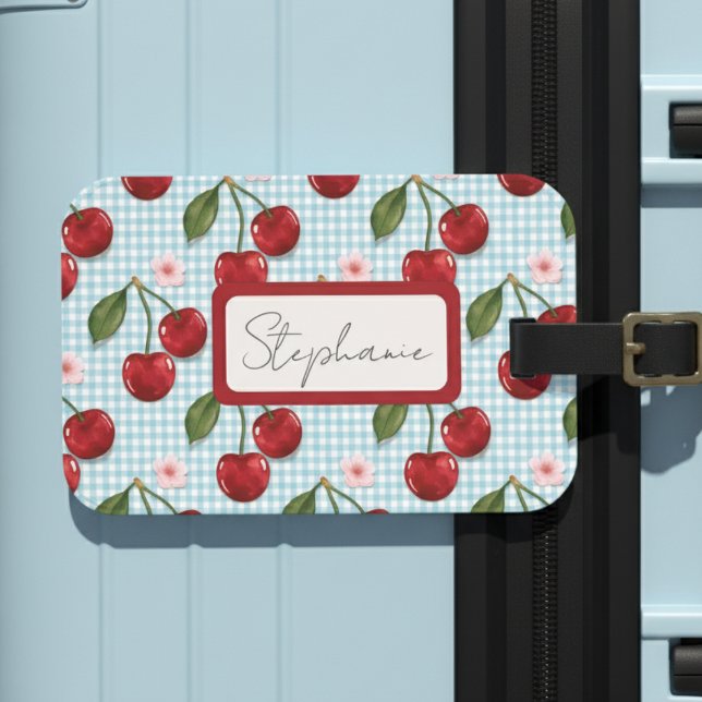 Rustic Blue Gingham And Cherries Monogram Luggage Tag (Creator Uploaded)