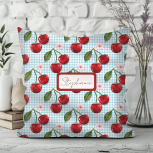 Rustic Blue Gingham And Cherries Monogram Throw Pillow
