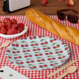 Rustic Blue Gingham And Cherries Paper Plates