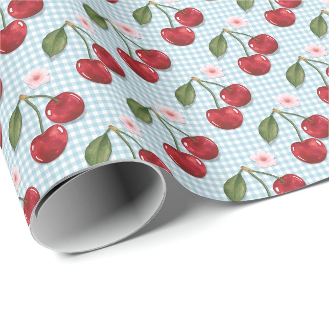 Rustic Blue Gingham And Cherries Wrapping Paper (Roll Corner)