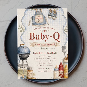 Rustic Blue Gingham Baby Q BBQ Baby Shower Invitation