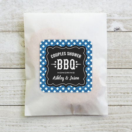 Rustic Blue Gingham Bbq Wedding Couples Shower Square Sticker