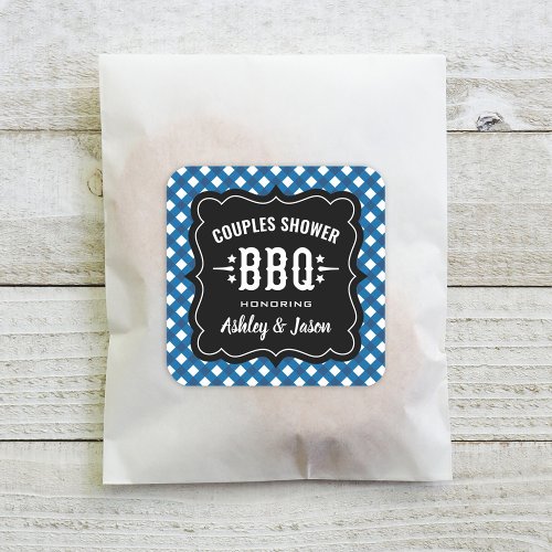 Rustic Blue Gingham BBQ Wedding Couples Shower Square Sticker