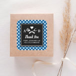 Rustic Blue Gingham BBQ Wedding Thank You Square Sticker<br><div class="desc">Wedding thank you favor stickers feature a black and white barbecue themed design with a BBQ fork and spatula grilling utensils and a heart accent. Personalize the custom monogram initials and "Thank you for joining us to celebrate!" message. Includes a navy, blue and white gingham tablecloth patterned background. Perfect for...</div>