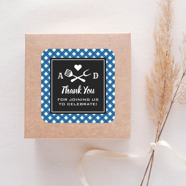 Rustic Blue Gingham BBQ Wedding Thank You Square Sticker (Creator Uploaded)