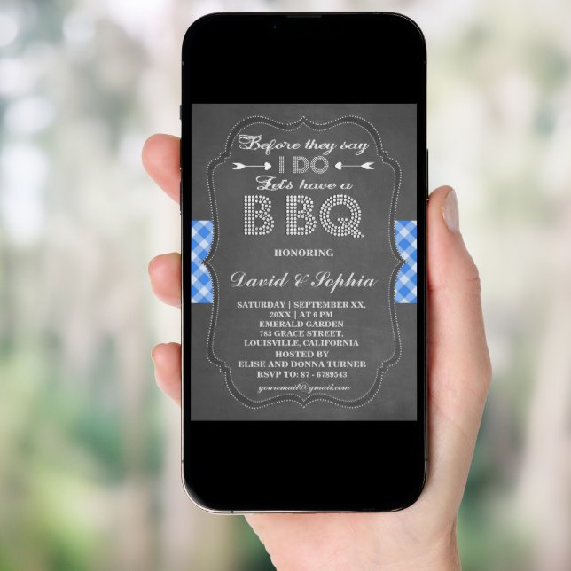 Rustic Blue Gingham Chalkboard I DO BBQ Invitation (Front Digital)