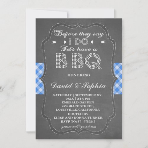 Rustic Blue Gingham Chalkboard I DO BBQ Invitation