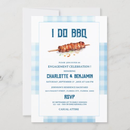 Rustic Blue Gingham I Do BBQ  Engagement Party  Invitation