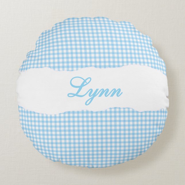 Rustic Blue Gingham Personalized Name Round Pillow (Front)