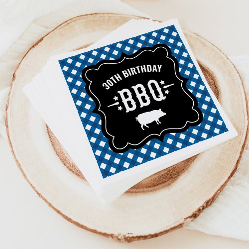 Rustic Blue Gingham Plaid 30th Birthday BBQ Napkins