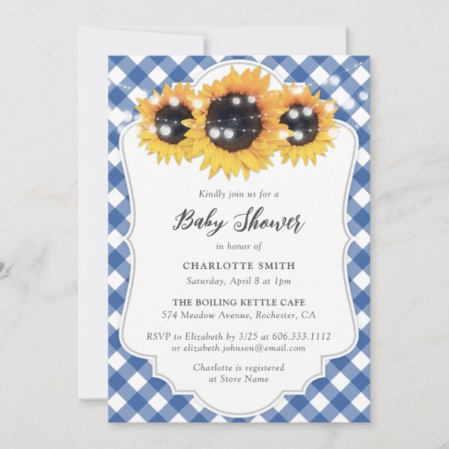 Rustic Blue Gingham Sunflower Baby Shower Invitation (Front)