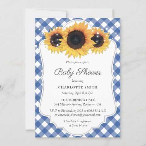 Rustic Blue Gingham Sunflower Baby Shower Invitation