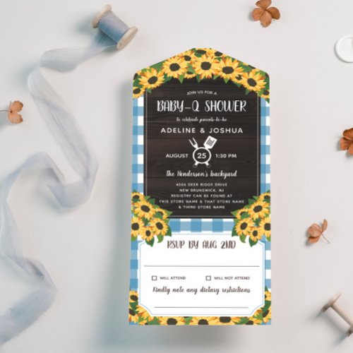 Rustic Blue Gingham Sunflowers Baby_Q Shower All In One Invitation