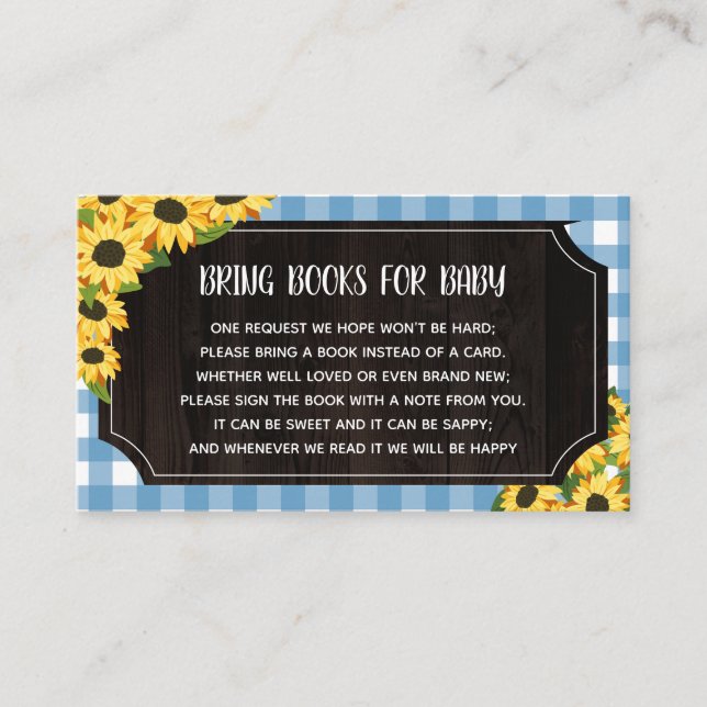 Rustic Blue Gingham & Sunflowers Books For Baby Enclosure Card (Front)