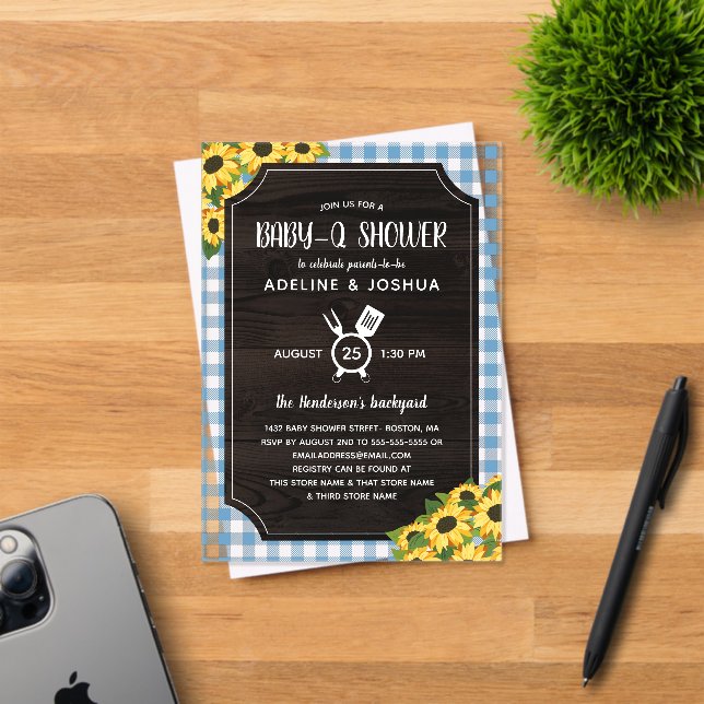 Rustic Blue Gingham Sunflowers Boy Baby-Q Shower Acrylic Invitations (Insitu (Invitation Card))