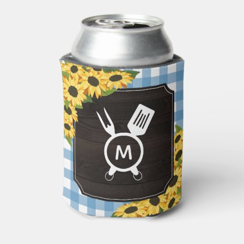 Rustic Blue Gingham Sunflowers Monogram  Can Cooler