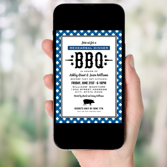 Rustic Blue Gingham Wedding Rehearsal Dinner BBQ Invitation (Front Digital)