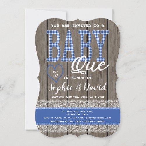Rustic Blue Gingham Wood Boy Baby Shower BBQ Invitation