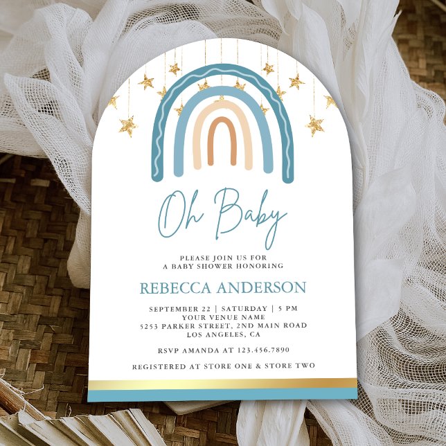 Rustic Blue Gold Boho Rainbow Arch Baby Shower Invitation (Creator Uploaded)