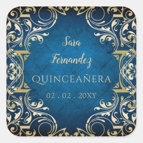 Rustic Blue Gold Elegant Quinceanera   Square Sticker