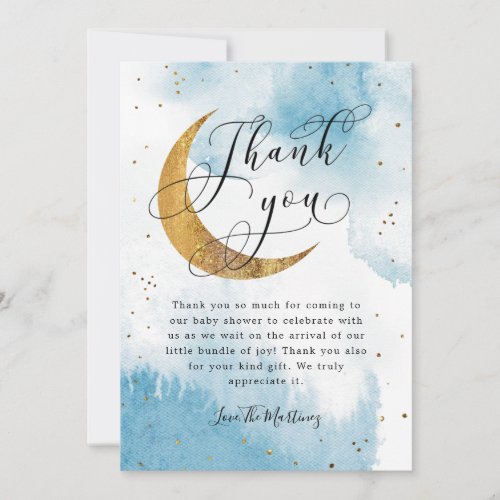 Rustic Blue Gold Moon Stars Baby Shower Thank You Card
