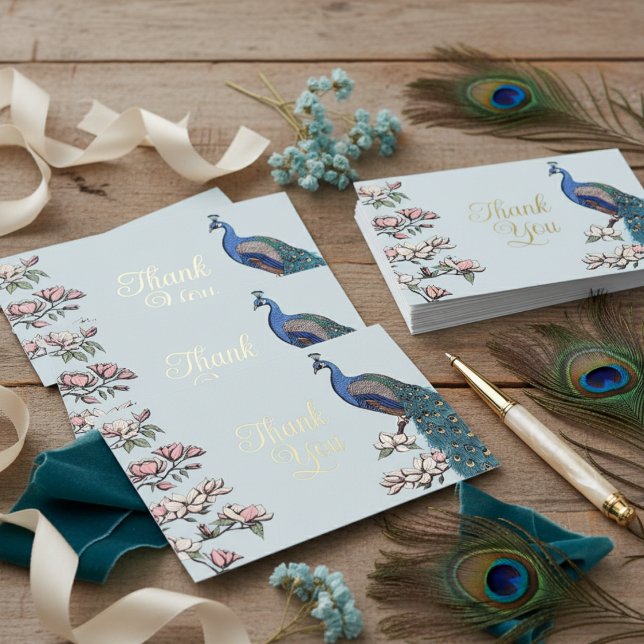 Rustic Blue & Gold Peacock Thank You Card (Elegant Blue & Teal Peacock & Magnolia Flowers Thank You Card. Chic Blue Peafowl Card with Gold Foil)