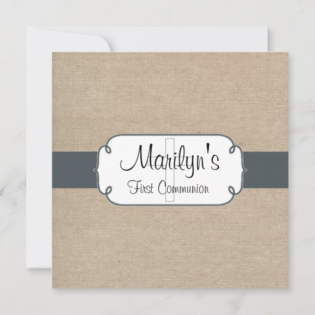 Rustic Blue Gray and Beige Burlap First Communion Invitation (Front)